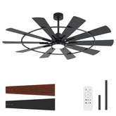 Rivelle 62 72 inch large black ceiling fan with light featuring reversible black and wood finish blades remote control and two downrods