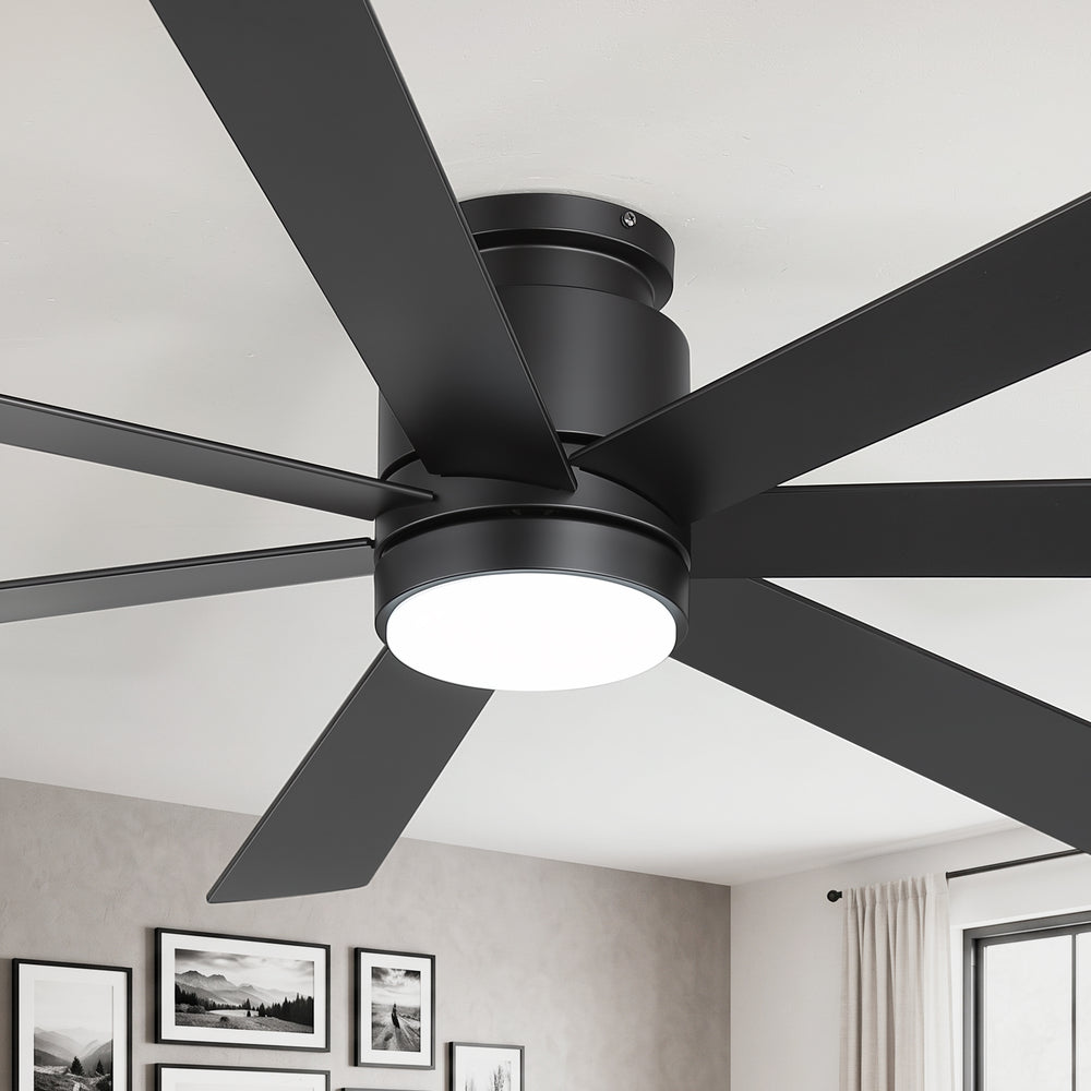 Veyra 60-inch black flush mount ceiling fan with dimmable light and 7-blade design