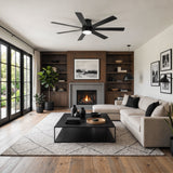 Veyra 60-inch black flush mount ceiling fan with dimmable light in a modern living room