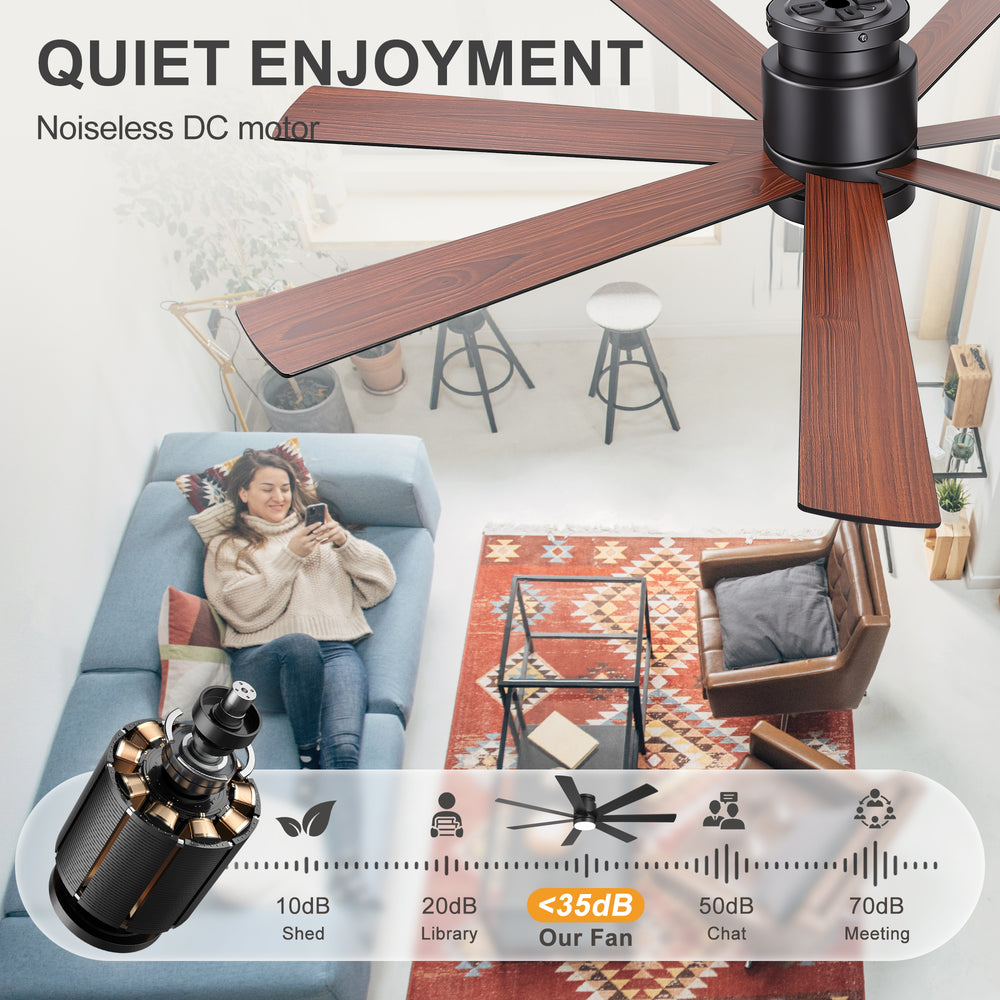Veyra 60-inch black flush mount ceiling fan with quiet DC motor and low noise operation