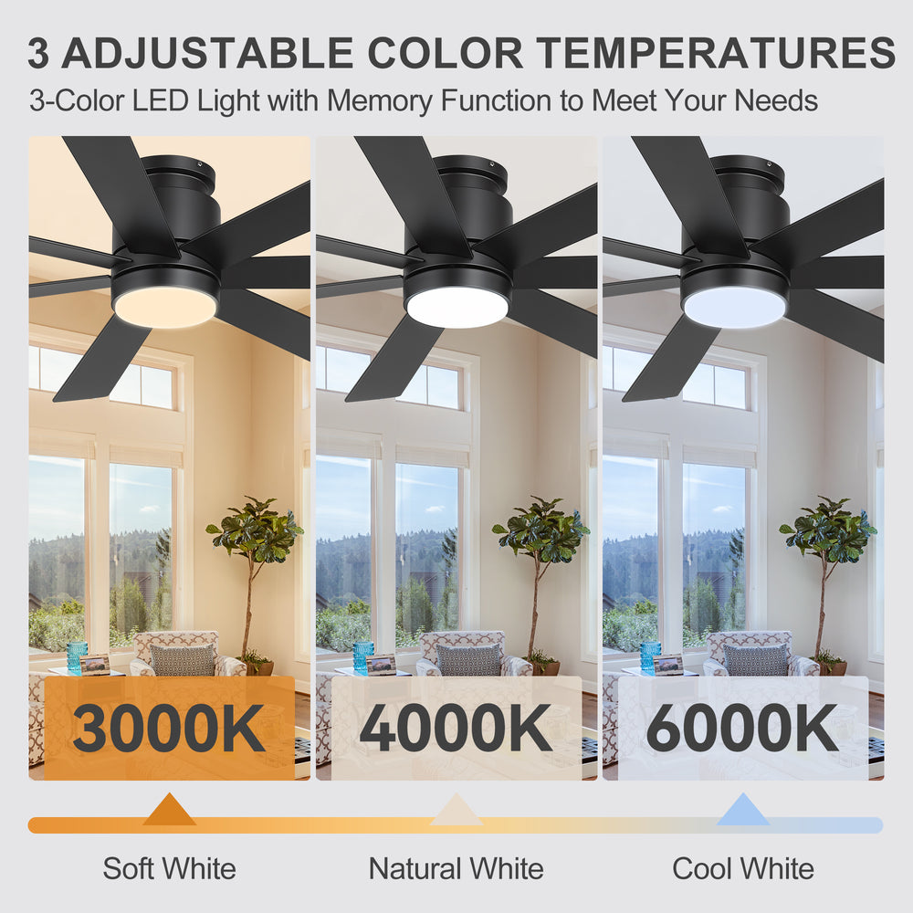 Veyra 60-inch black flush mount ceiling fan with dimmable light featuring 3000K, 4000K and 6000K color temperatures
