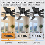 Veyra 60-inch black flush mount ceiling fan with dimmable light featuring 3000K, 4000K and 6000K color temperatures