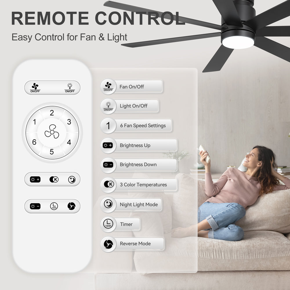 Veyra 60-inch black flush mount ceiling fan with remote control, 6 speeds and dimmable light functions