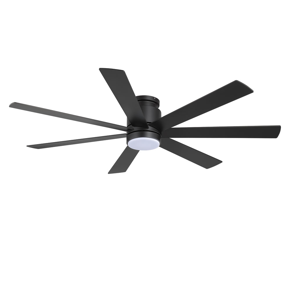 Veyra 60-inch black flush mount ceiling fan with dimmable light and 7-blade design