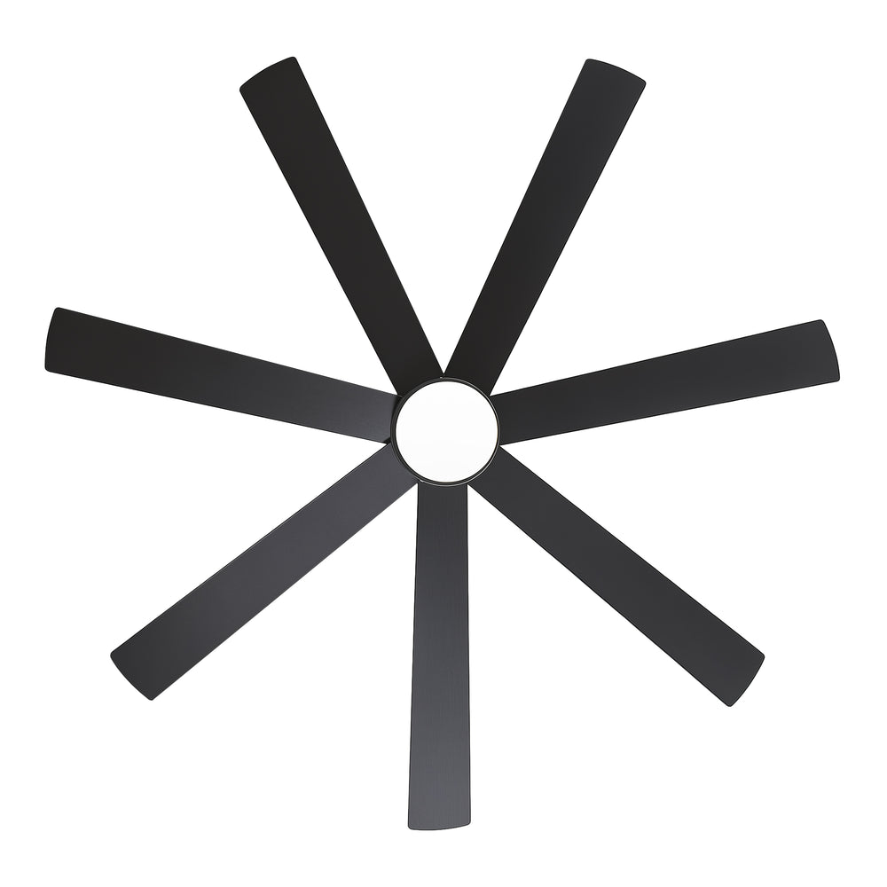 Veyra 60-inch black flush mount ceiling fan showing 7-blade layout and overall design