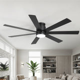 Veyra 60-inch black flush mount ceiling fan with dimmable light in a modern living room