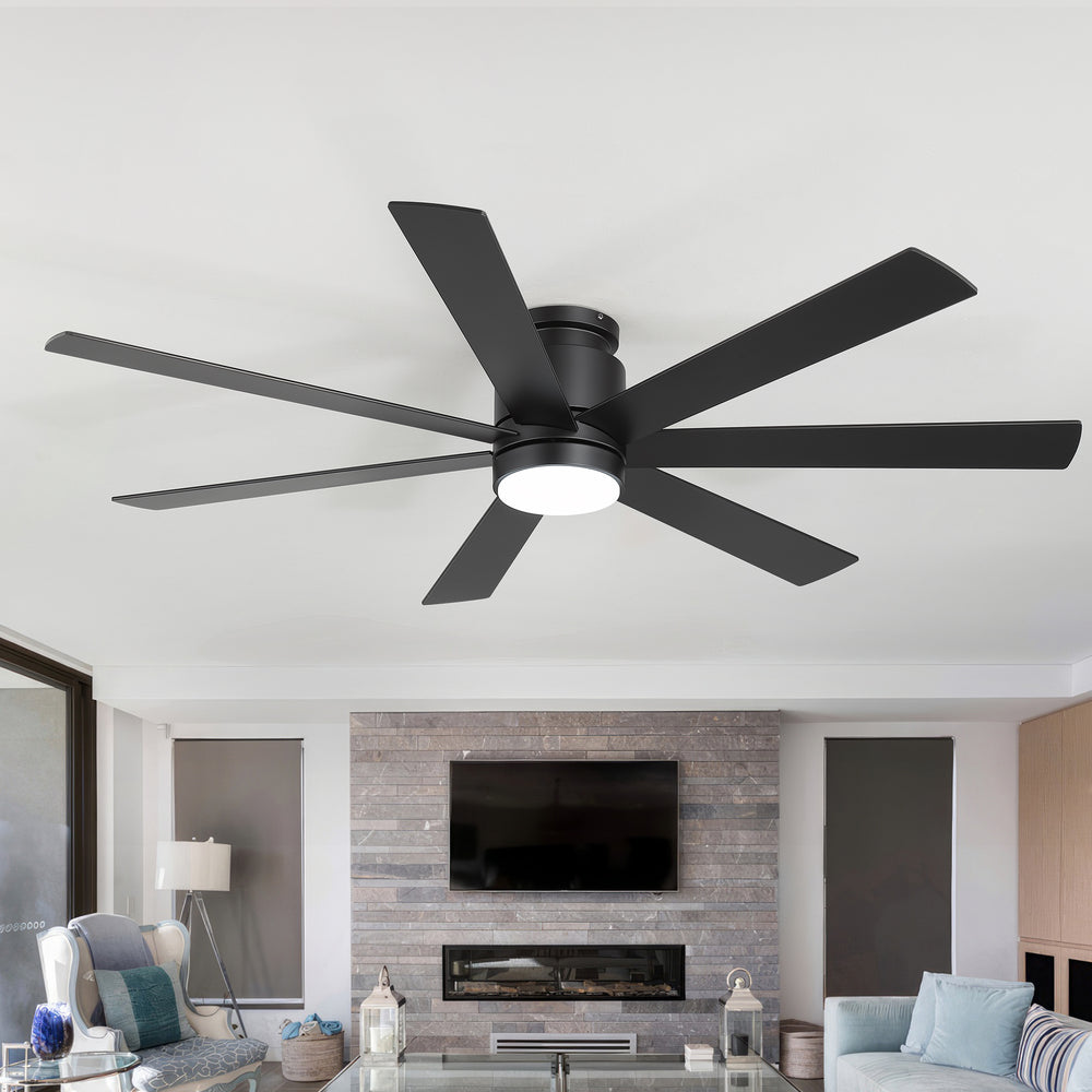 Veyra 60-inch black flush mount ceiling fan with dimmable light in a modern living room