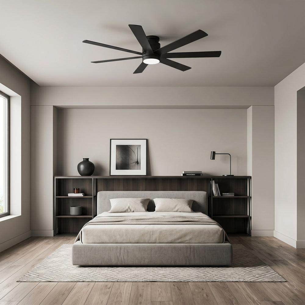 Veyra 60-inch black flush mount ceiling fan with dimmable light in a modern bedroom
