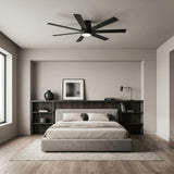 Veyra 60-inch black flush mount ceiling fan with dimmable light in a modern bedroom