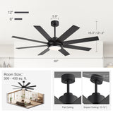 Solora 60/72 Inch Large Ceiling Fan With Light and Remote