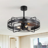 28-Inch Black Caged Ceiling Fan with Lights, Industrial Fandelier, 6-Speed Remote Control, Quiet Reversible DC Motor, 3-Blade Design, Indoor Home Fan
