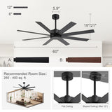 Walvex 60 Inch Black Walnut 8 Blade Ceiling Fan No Light