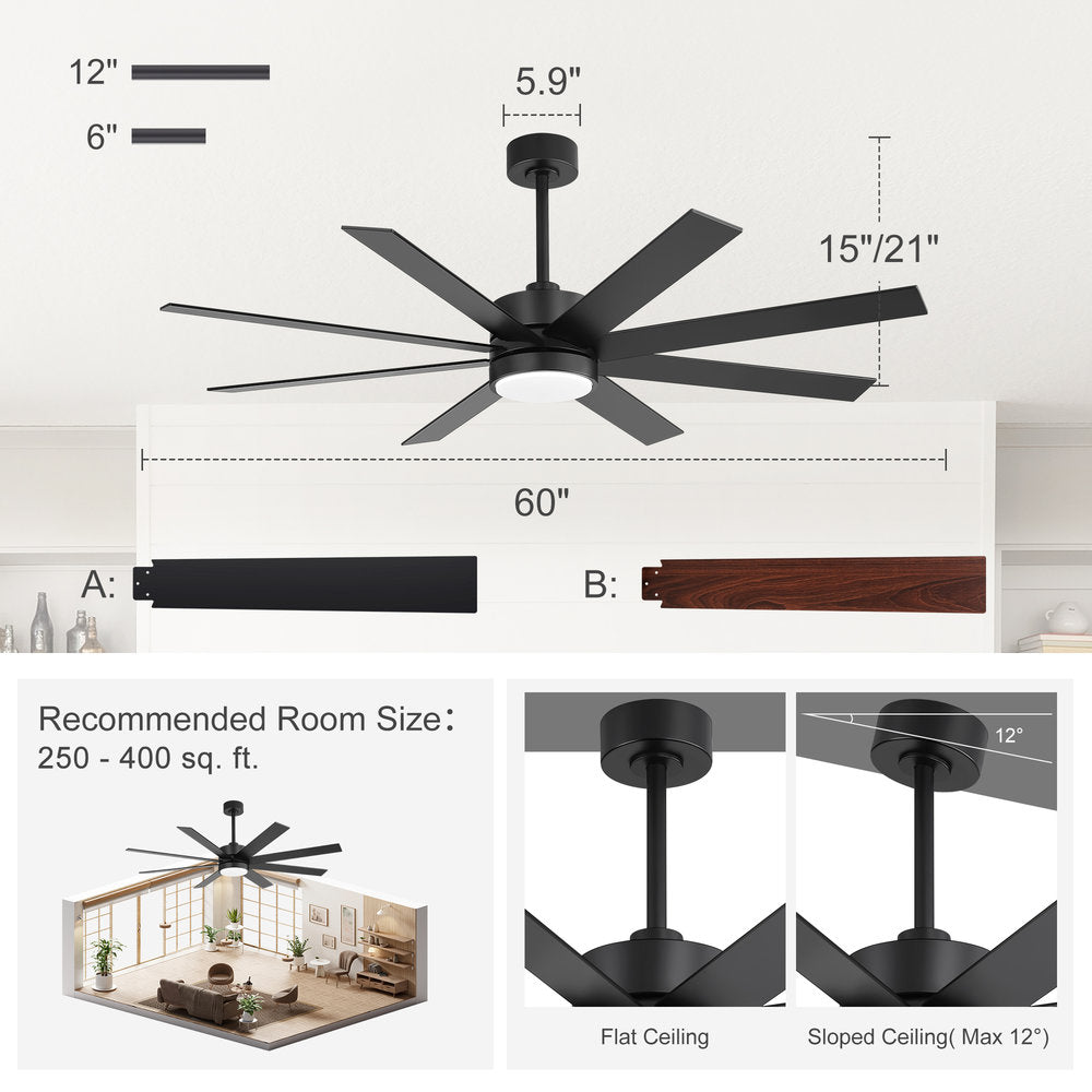 Walvora 60 Inch Black Walnut 8 Blade Ceiling Fan With Light