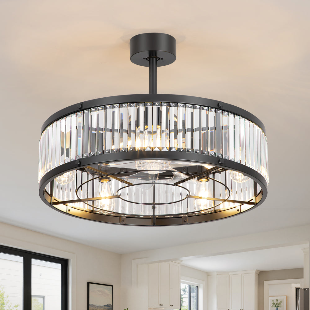 28 Inch Crystal Ceiling Fan with Lights, Black Fandelier Chandelier Ceiling Fan, 7 Clear Blades, 6 Speeds, Reversible DC Motor, Remote Control, Indoor Fan for Bedroom