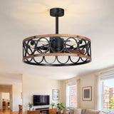 28 Inch Farmhouse Caged Ceiling Fan with Lights, Black Wood Grain Ceiling Fan, Quiet DC Motor, 6 Speeds, Remote Control, Reversible, 5/10 Inch Downrods