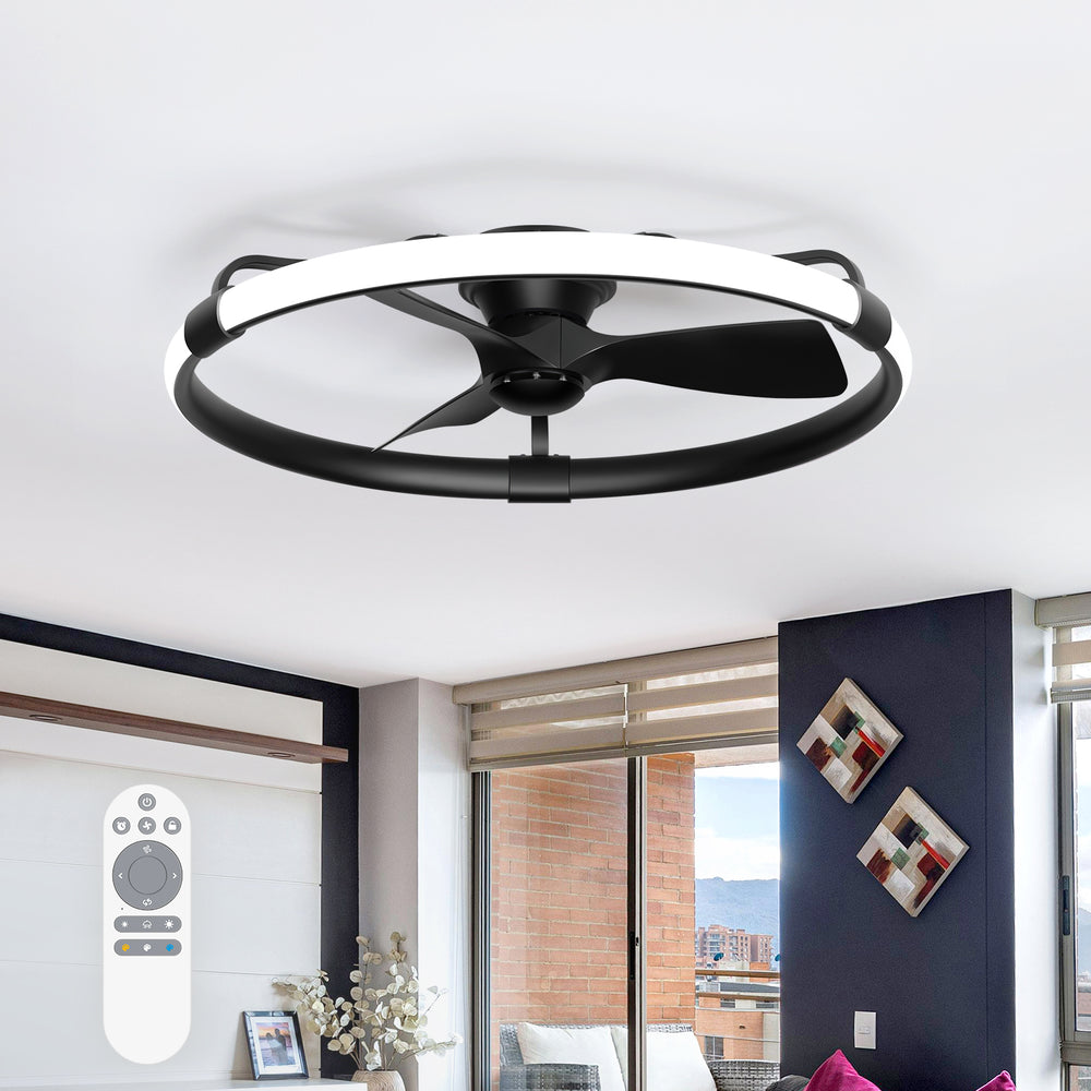 32 Inch Black Flush Mount Enclosed Ceiling Fan with Light, Low Profile Ceiling Fan, 3-Blade DC Motor, 6 Speeds, Dimmable LED, Remote Control