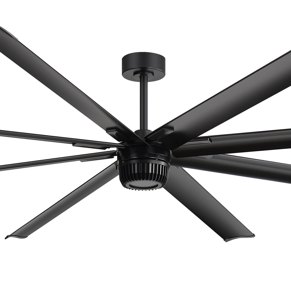 Black ceiling fan with 8 blades on a white background