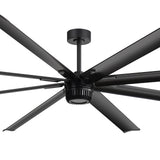 Black ceiling fan with 8 blades on a white background