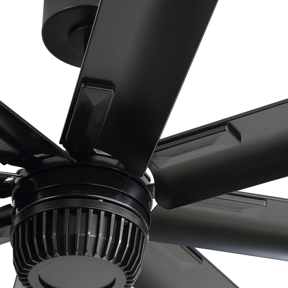 Close-up of AeroSpan XL 100-inch black ceiling fan motor and durable aluminum blade connections