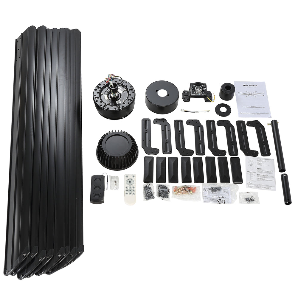 AeroSpan XL 100-inch ceiling fan complete parts set with 8 black aluminum blades, remote, downrods and mounting hardware