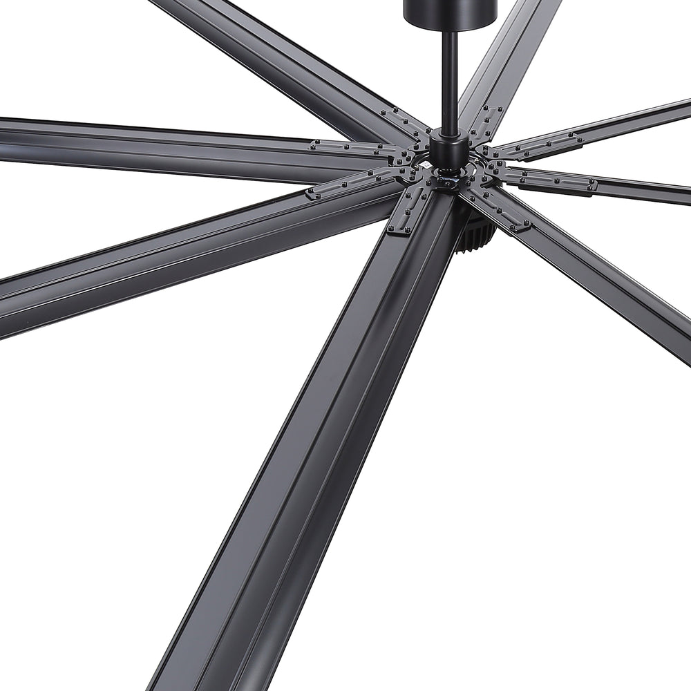 Close-up of AeroSpan XL 100-inch black ceiling fan showing aluminum blades and secure blade mounting structure
