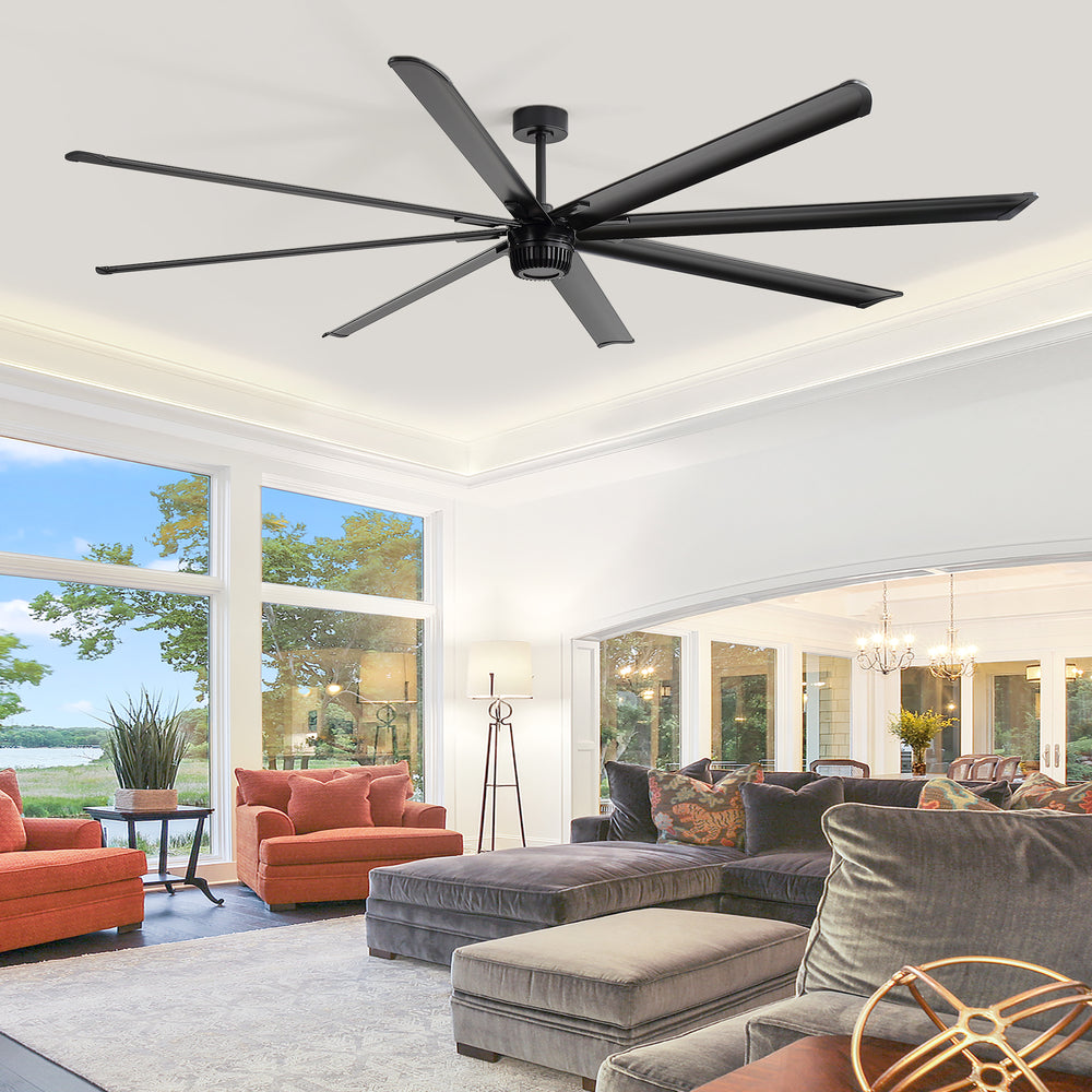100-inch black AeroSpan XL large ceiling fan installed in a spacious modern living room