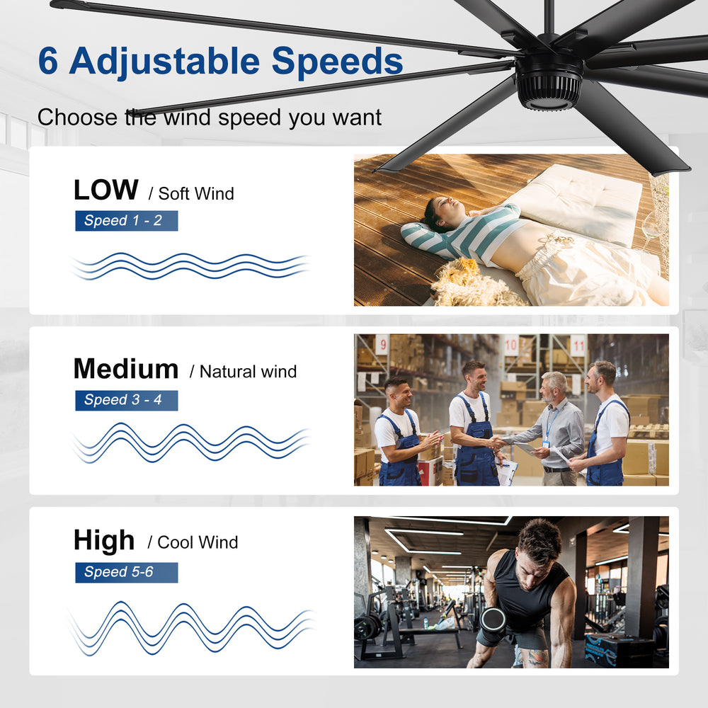 AeroSpan XL 100-inch ceiling fan with 6 adjustable speeds for low, medium and high airflow