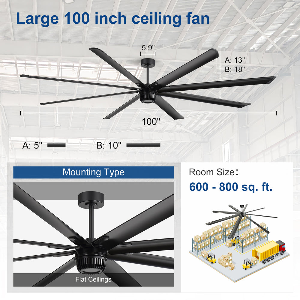 100-inch AeroSpan XL large black ceiling fan dimensions, flat ceiling mount and recommended 600–800 sq. ft. room size