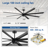 100-inch AeroSpan XL large black ceiling fan dimensions, flat ceiling mount and recommended 600–800 sq. ft. room size