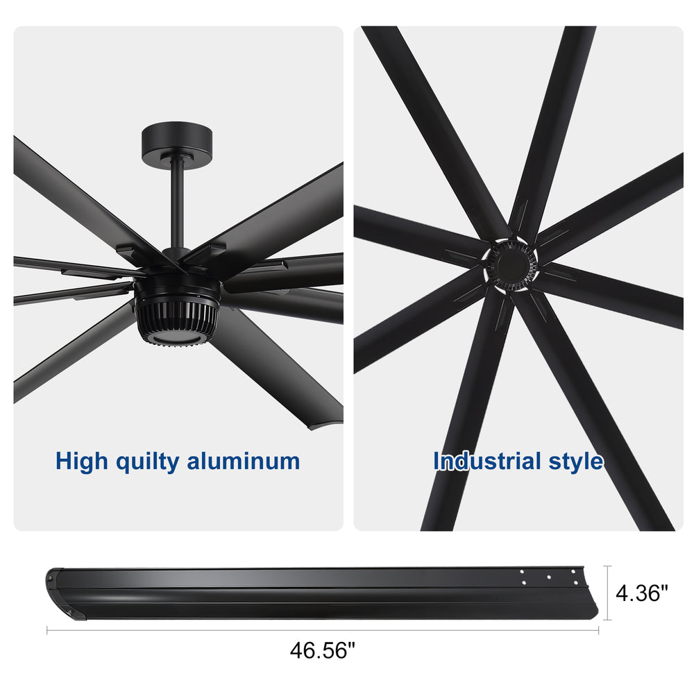 AeroSpan XL 100-inch black ceiling fan with aluminum blades, industrial design and 46.56-inch blade length