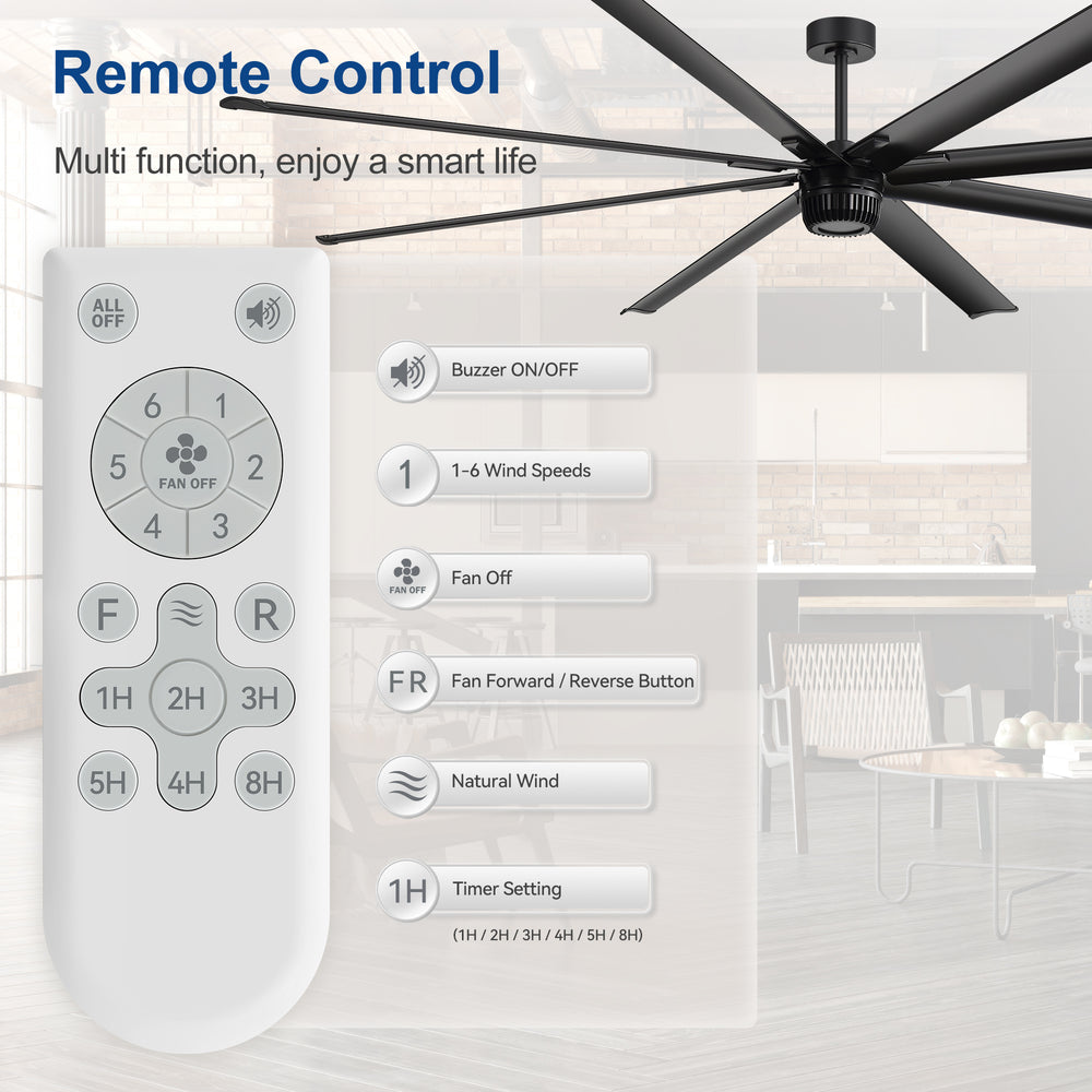 AeroSpan XL 100-inch ceiling fan remote with 6 speeds, forward/reverse, natural wind and timer settings