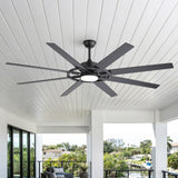 AeroSpan Lux 72-inch large black 8-blade ceiling fan with light and remote in an outdoor patio space