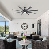 AeroSpan Lux 72-inch large black 8-blade ceiling fan with light and remote in an outdoor living space