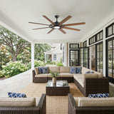 AeroSpan Lux 72-inch black 8-blade ceiling fan with LED light installed in a modern outdoor patio living space