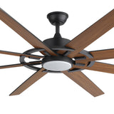 AeroSpan Lux 72-inch black 8-blade ceiling fan with integrated LED light and wood grain blades close-up