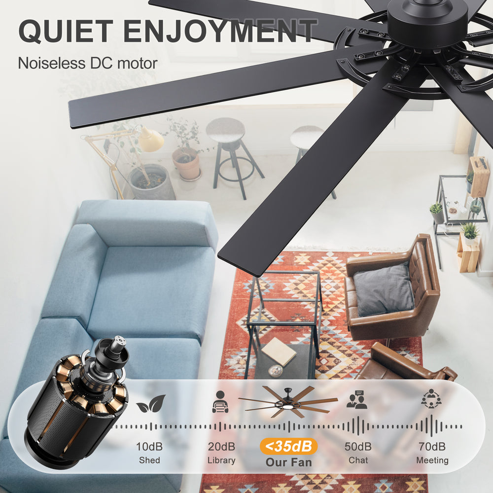 72 Inch Large Ceiling Fan with Light, 8 Reversible Blades, Quiet DC Motor, 6 Speeds Remote Control, 3CCT Dimmable LED, Reversible Airflow, 5-inch and 10-inch Downrods Included