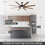 AeroSpan Lux 72-inch ceiling fan installation guide showing suitable ceiling heights and mounting dimensions