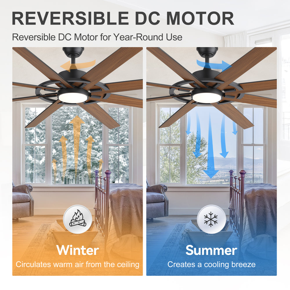 72 Inch Large Ceiling Fan with Light, 8 Reversible Blades, Quiet DC Motor, 6 Speeds Remote Control, 3CCT Dimmable LED, Reversible Airflow, 5-inch and 10-inch Downrods Included