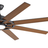 AeroSpan Lux 72-inch black 8-blade ceiling fan close-up showing wood-tone blades and modern blade design