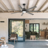 Covered patio exposed beams sliding doors under Lumivolt 72-inch wood grain 7-blade ceiling fan