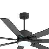 Close-up low angle Lumivolt 72-inch black ceiling fan canopy downrod and motor top