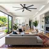 Open living room fireplace wall under Lumivolt 72-inch black 7-blade ceiling fan with light