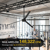AeroVault 12 FT HVLS industrial ceiling fan in a gym, delivering up to 148,322 CFM airflow and covering up to 3,770 sq. ft.