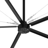 Close-up of the AeroVault 12 FT HVLS industrial ceiling fan motor, aluminum blade connections, and reinforced safety cable system.