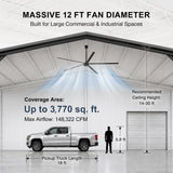 AeroVault 12 FT HVLS industrial ceiling fan covering up to 3,770 sq. ft. with 148,322 CFM max airflow, designed for 14–30 ft ceilings.