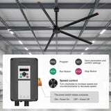 AeroVault HVLS industrial ceiling fan controller with run, stop, program, settings, and adjustable speed controls.