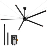 AeroVault 12 FT HVLS industrial ceiling fan with five aluminum blades, two downrod options, safety cables, and included speed controller.