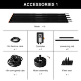 AeroVault 12 FT HVLS industrial ceiling fan accessory kit with five blades, controller, connecting rods, motor assembly, electrical cable, corrugated tube, and mounting seat.