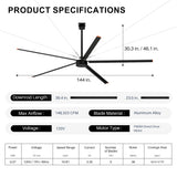 AeroVault 12 FT HVLS industrial ceiling fan product specifications showing 144-inch diameter, downrod options, airflow, motor type, and key performance details.