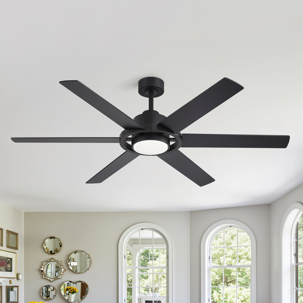 60 Inch Ceiling Fan with LED Light, Black 6 Blade Design, Reversible DC Motor, 6 Speeds, Remote Control, Dimmable 3 Color Light